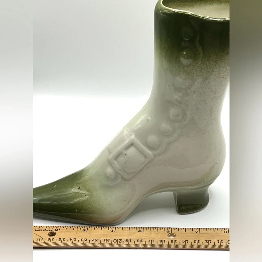 Victorian Style Ceramic Boot Green/White Planter Pottery Decorative Vase 7.5